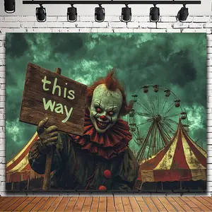 1pc 2D Flat Halloween Carnival Theme Backdrop - Scary Clown with "This Way" Sign, Ferris Wheel & Circus Tent, Polyester, 70g Ideal for Party Decorations, Halloween Decoration