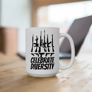 Celebrate Diversity Gun Mug, Funny Accent Drinkware for Republicans Ceramic Coffee