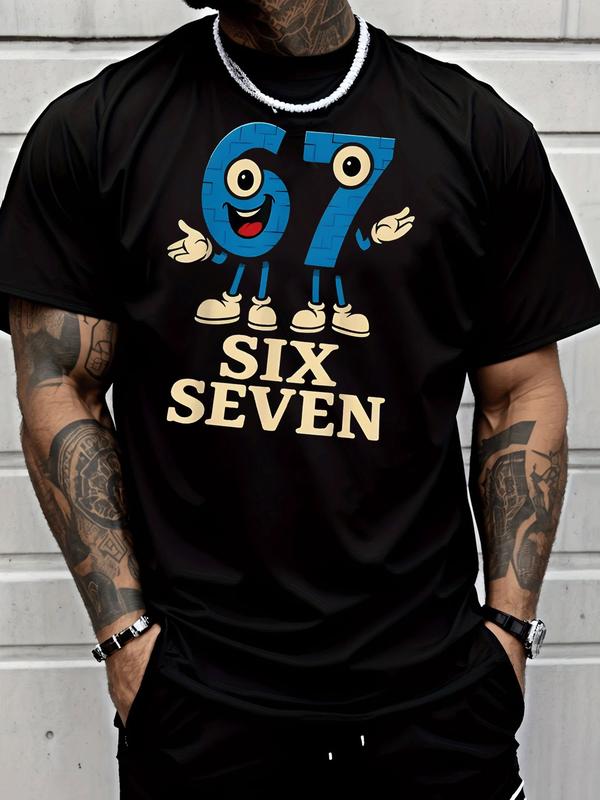 Men'S Casual Crewneck T-Shirt Featuring a Trendy Street Style Design with a Blue Number 67 Mascot, Characterized by Large Eyes, a Red Mouth, And White Shoes, Perfect for Adult Casual Wear