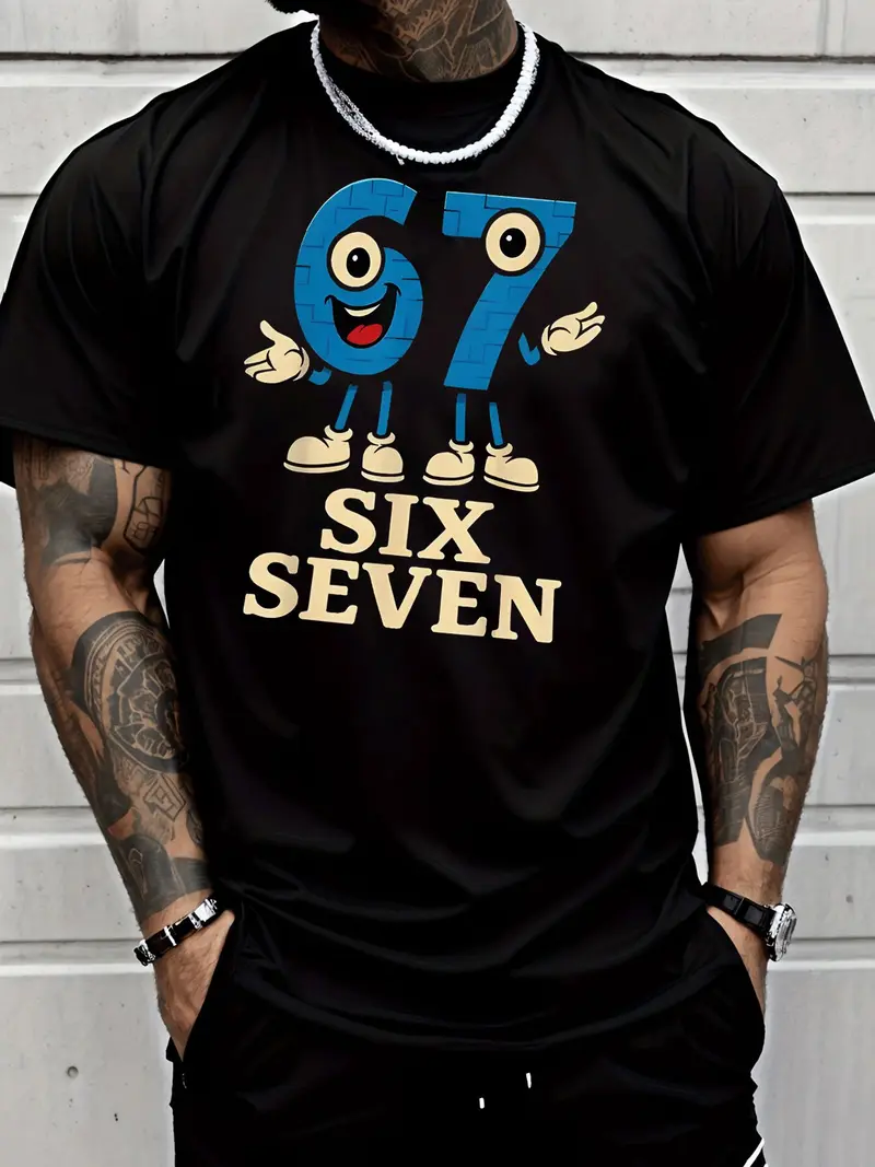 Men'S Casual Crewneck T-Shirt Featuring a Trendy Street Style Design with a Blue Number 67 Mascot, Characterized by Large Eyes, a Red Mouth, And White Shoes, Perfect for Adult Casual Wear