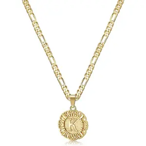 Initial Necklace for Women,14K Gold Plated Round Letter Pendant Necklace Capital Monogram Necklace Alphabets from A-Z Figaro Chain Necklace