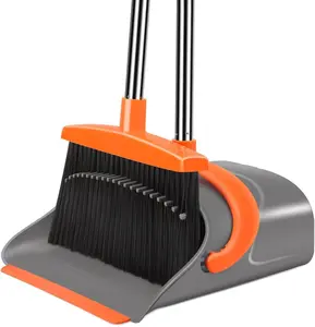 Broom and Dustpan Set for Home & Office Gray & Orange Long Handle Adjustable Handles Heavy Duty Bristles Easy Stand-Up Storage Indoor Outdoor Sweeping with Dustpan