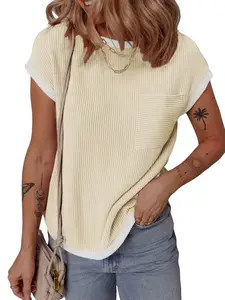 Women's Casual T Shirts Crewneck Short Sleeve Color Block Ribbed Knitwear Slim Fitted Blouses Tops 2026 Trendy Minimalist Womenswear Summer Outfits Summervibes
