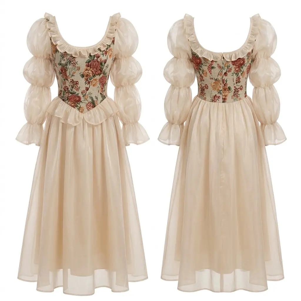 The Fairytale Tapestry Dress  Vintage Floral Renaissance Dress | Cottagecore Puff Sleeve Midi Dress | Aesthetic Fairycore Corset Dress