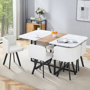 MUUOKY Modern Minimalist Style MDF Marble Pattern Joinery Dining Table with PU Leather Dining Chairs Six-piece Set, suitable for modern minimalist, Nordic, or industrial styles.