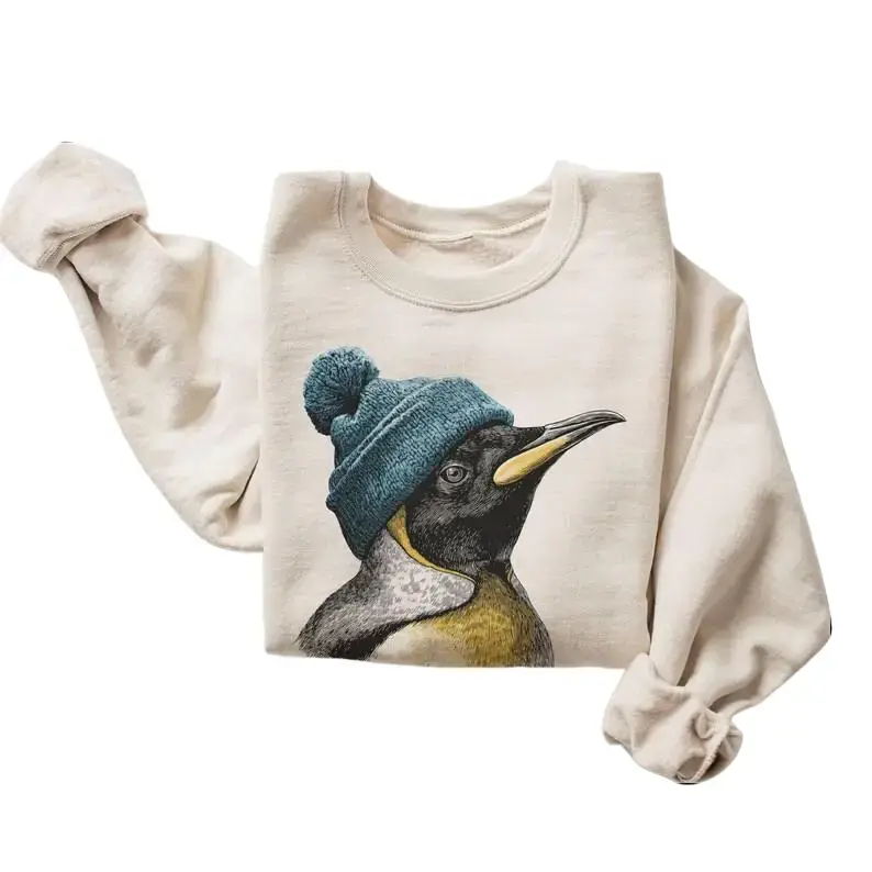 Retro Emperor Penguin Sweatshirt, Unisex Casual Long Sleeve Round Neck Cotton Pullover, Vintage Antarctic Birdwatcher Graphic Top