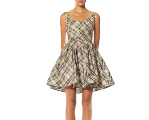 MORPHEW COLLECTION Blue, Yellow & Cream Plaid Silk Taffeta Mini Cupcake Dress