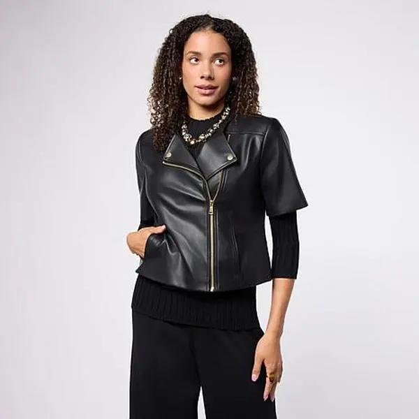 Colleen Lopez Faux Leather Short Sleeve Moto Jacket