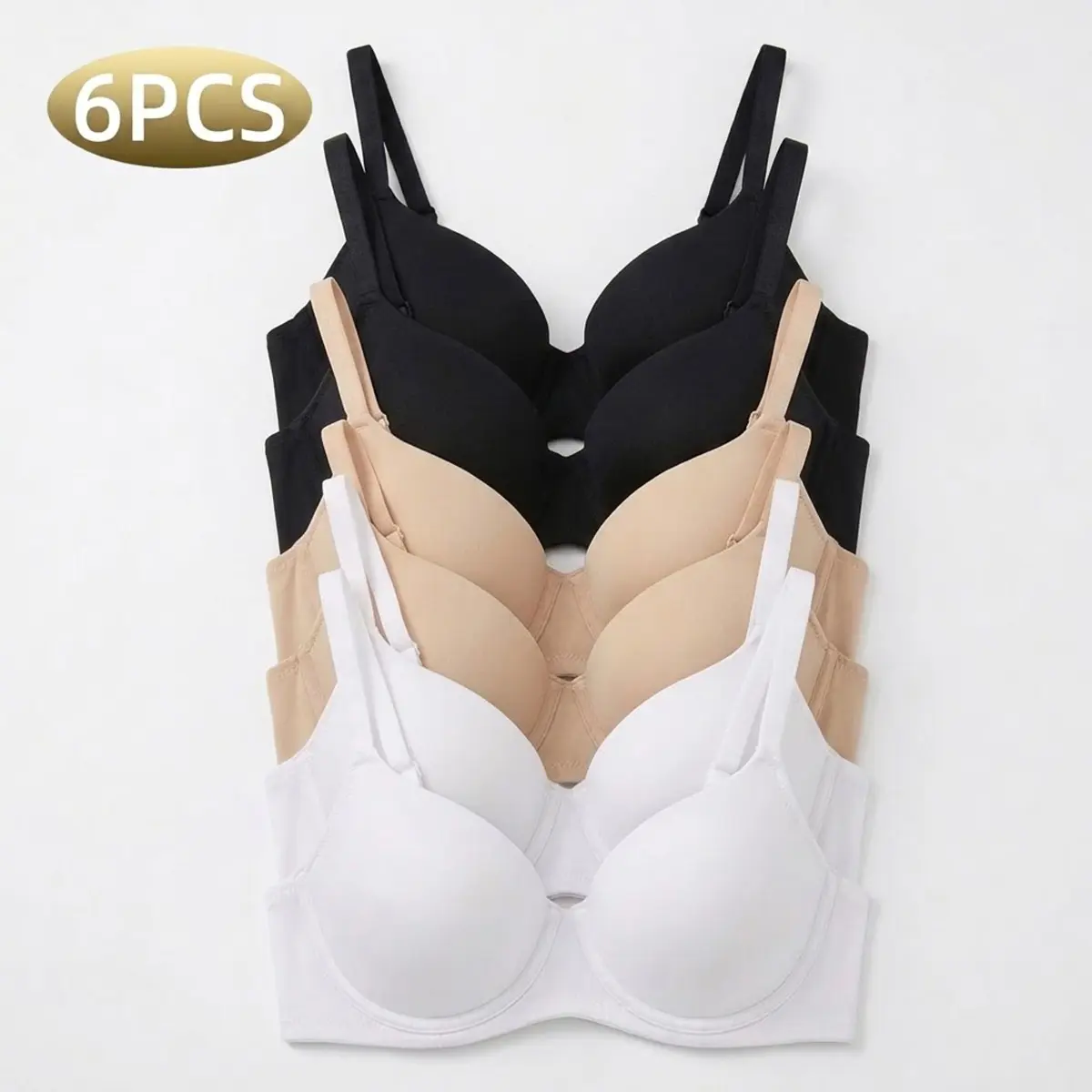 6PCS Women's Underwire Push Bra Set, Smooth Cotton T-Shirt Bra with Lift Support, Breathable Flexible, and Invisible Under Tees