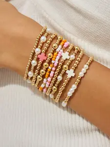 10 Pcs Boho Hand Chains, Ccb Beads & Faux Pearl Bracelets, Multilayered Bangles, Vintage Cross Design, Elastic Wrap, Women's Jewelry for Daily Wear & Gifts