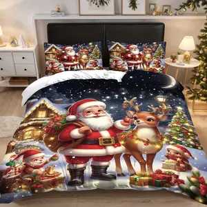 3pcs Classic Christmas Bedding Set with Cartoon Santa & Reindeer Design, Includes 2 Pillowcases &1 duvet cover, Perfect for Holiday Decor and Christmas bedding gifts, Soft Bedding Sets