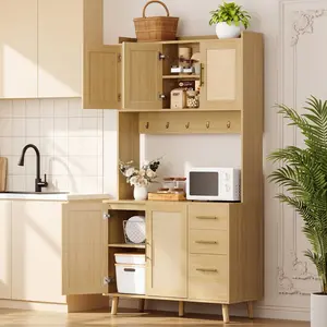 71 Inch Tall Rattan Cabinet, Wood Kitchen Hutch Cabinet with 6 Hooks, 3 Drawers & 5 Doors, Rustic Pantry for Living Room, Dining Room