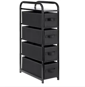 4 Drawer Narrow Dresser Fabric Storage Tower Vertical Slim Chest Organizer Nightstand Side/End Table Small Standing Organizer Removable Drawers Wood Top for Bedroom, Bathroom,Entryway（Black)