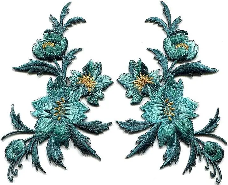 3 x 5.13 inches. Blue Green Teal Flowers Pair Floral Embroidered Appliques Iron-on Patches