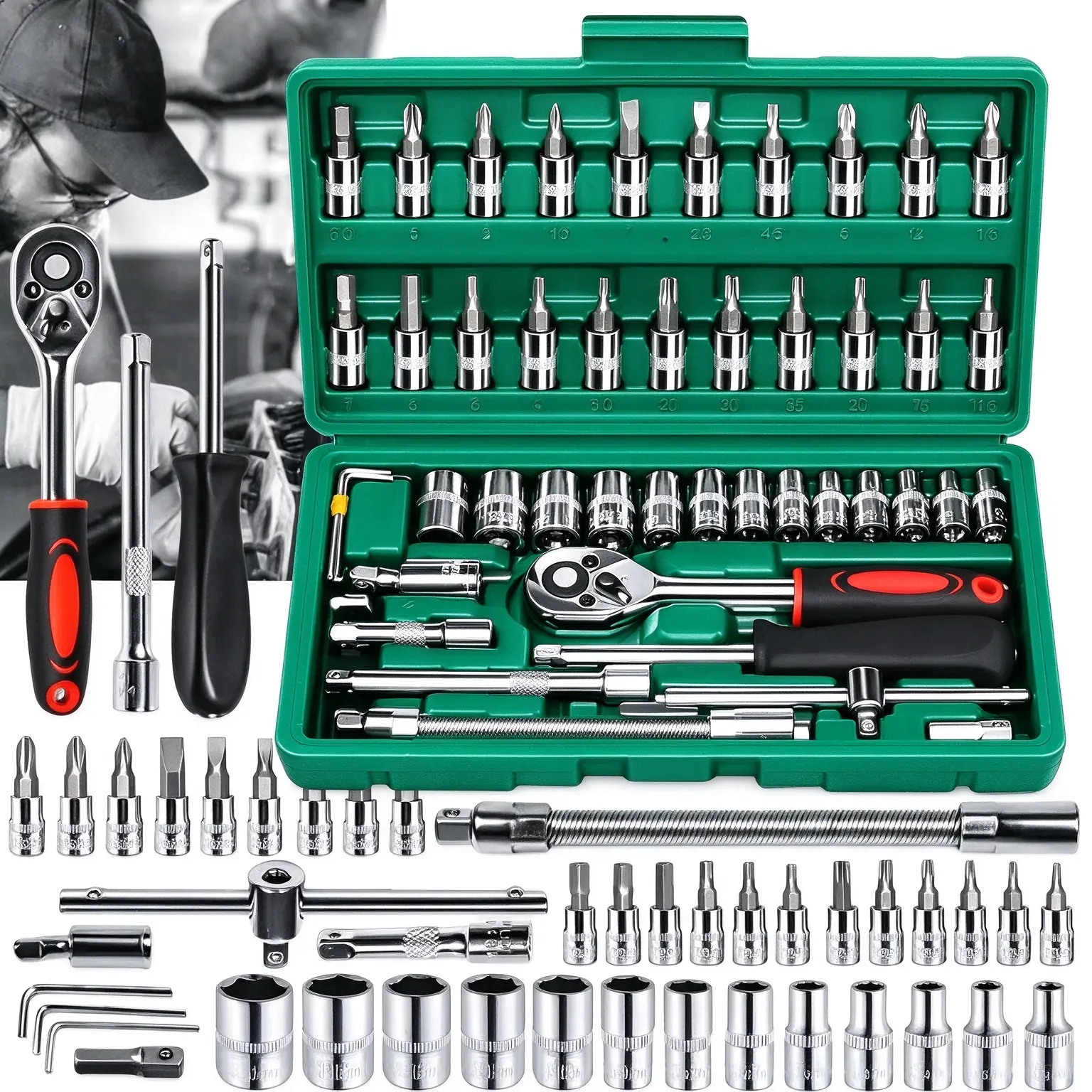 46-Piece 1/4 in Drive High-Quality Metal Socket Ratchet Wrench Tool Kit Set - Mechanic Tools for Auto Repair, Car, Metric Sizes, Socket Bits, Adapter, Universal Joint Gift for Mechanics, Car Repair Tools