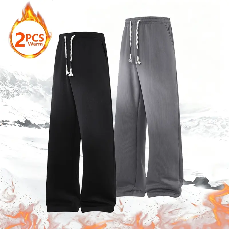 Men’s 2-Pack Winter Fleece-Lined Warm Long Sweatpants, Solid Color Casual Pants with Elastic Drawstring Waistband & Straight Legs, Suitable for Running, Outdoor Activities