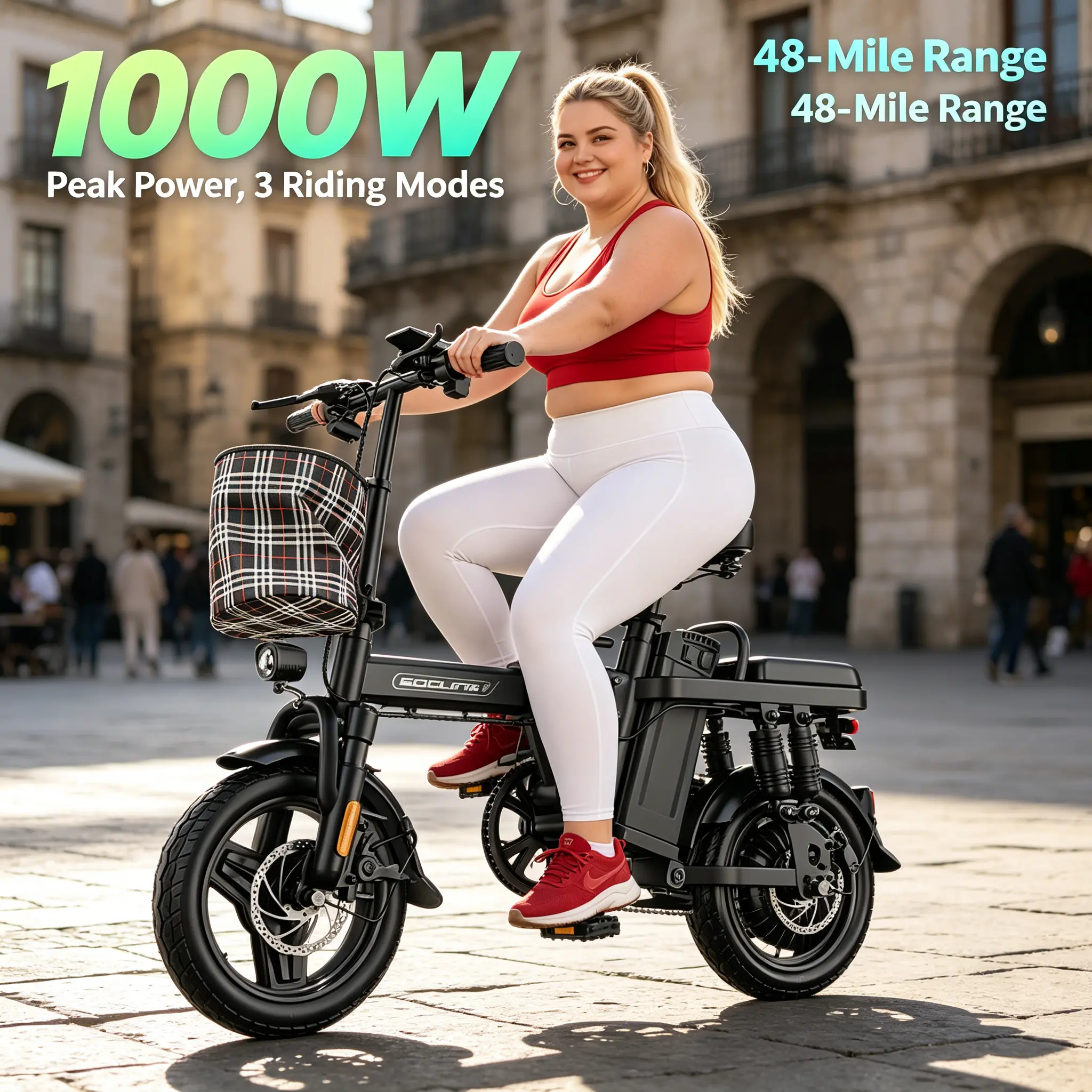 14'' Portable Rechargeable Foldable E-Bike - 1000W Drive Motor, 15Ah Detachable Rechargeable Battery (48 mi Range), High Carbon Steel Frame, Dual Disc Brakes, LED Speed Screen, Remote Lock/Unlock, Urban Commuter Fold Folding Bike