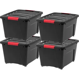 IRIS USA 32 Qt Stackable Plastic Storage Bins with Lids, 4 Pack - BPA-Free, Made in USA - Garage Organizing Solution, Latches, Durable Nestable Containers, Secure Pull Handle - Black