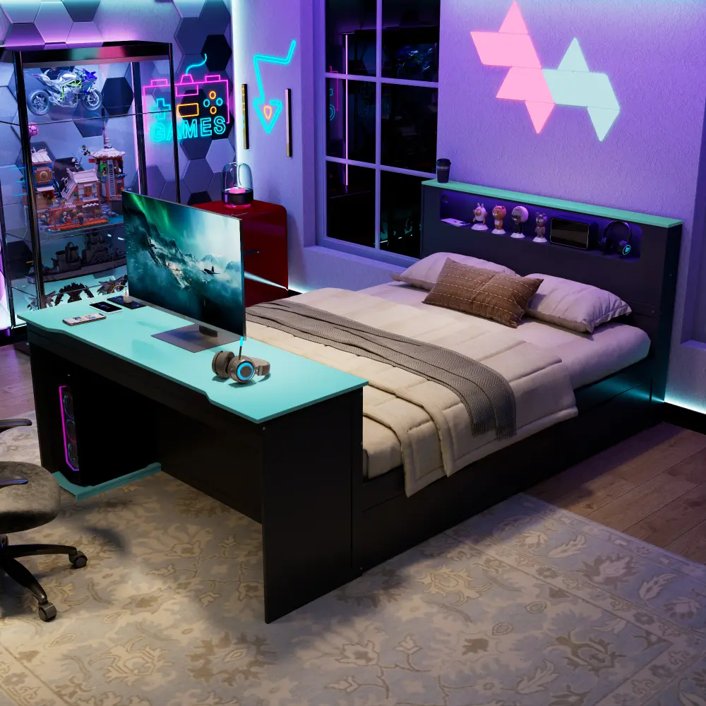 Wooden Sofa Bed (Full/Twin Size) Bedroom Furniture with Single Wood Bed Platform Frame, Black-Blue/Black-Red Color Schemes, Integrated Play-Study Area, Space-Saving Pull-Out Design, Smart Headboard, Desk, LED Light, LED Control, USB Port