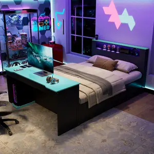 Full Size / Twin Size wooden sofa bed in black and blue and black and red color schemes, equipped with a single bed frame, desk, LED light and USB port, smart headboard, integrated play and study area, and space-saving pull-out bed fr