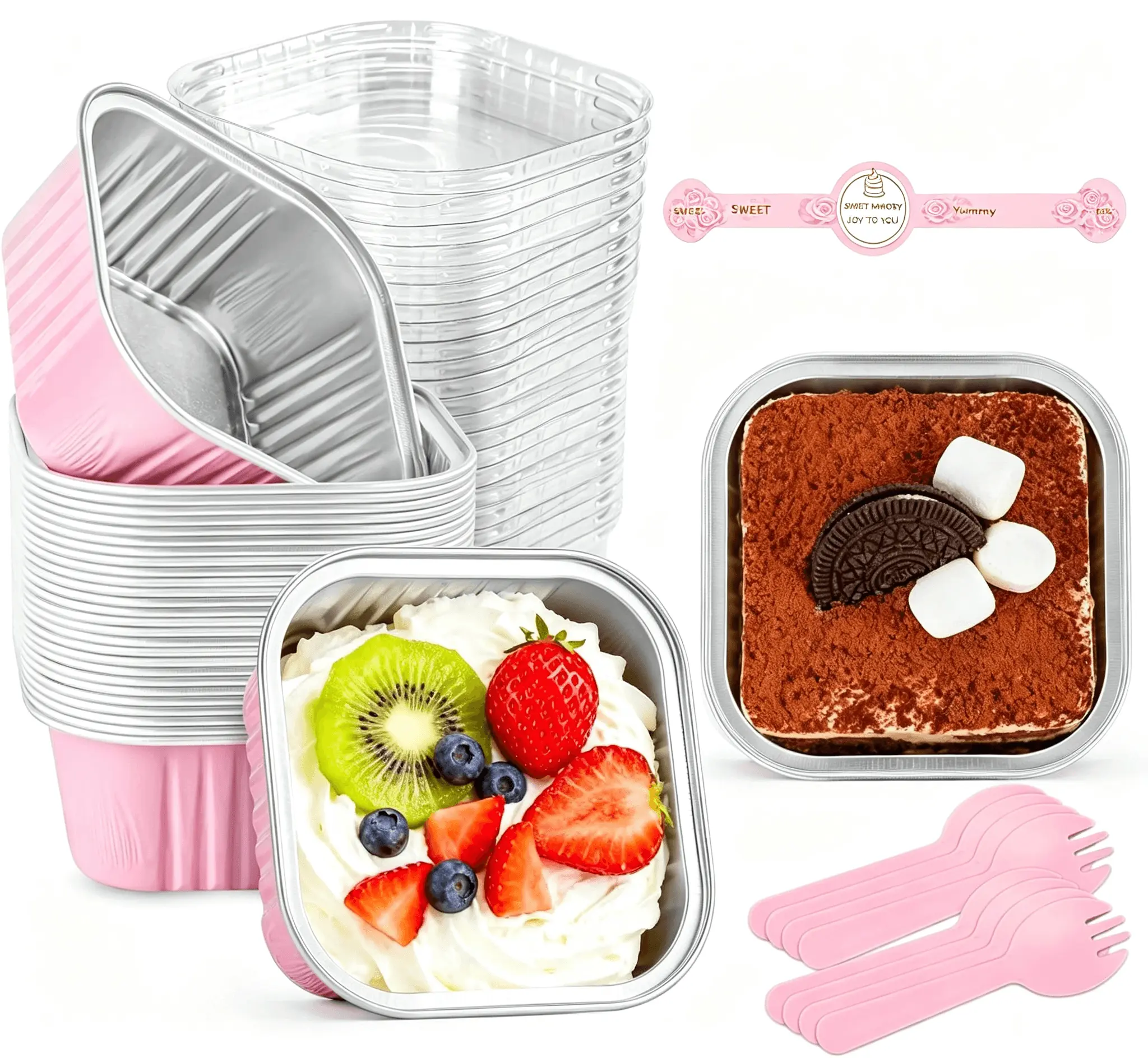 25Pcs Pink Aluminum Foil Dessert Cups with Lids, Mini Cake Baking Containers Disposable, Fancy Fruit Pudding Boxes for Party Favors, Baby Shower, Wedding, Easter & Picnic, Sturdy Heat-Resistant Food Storage, Aesthetic TikTok Viral DIY Gift Set.