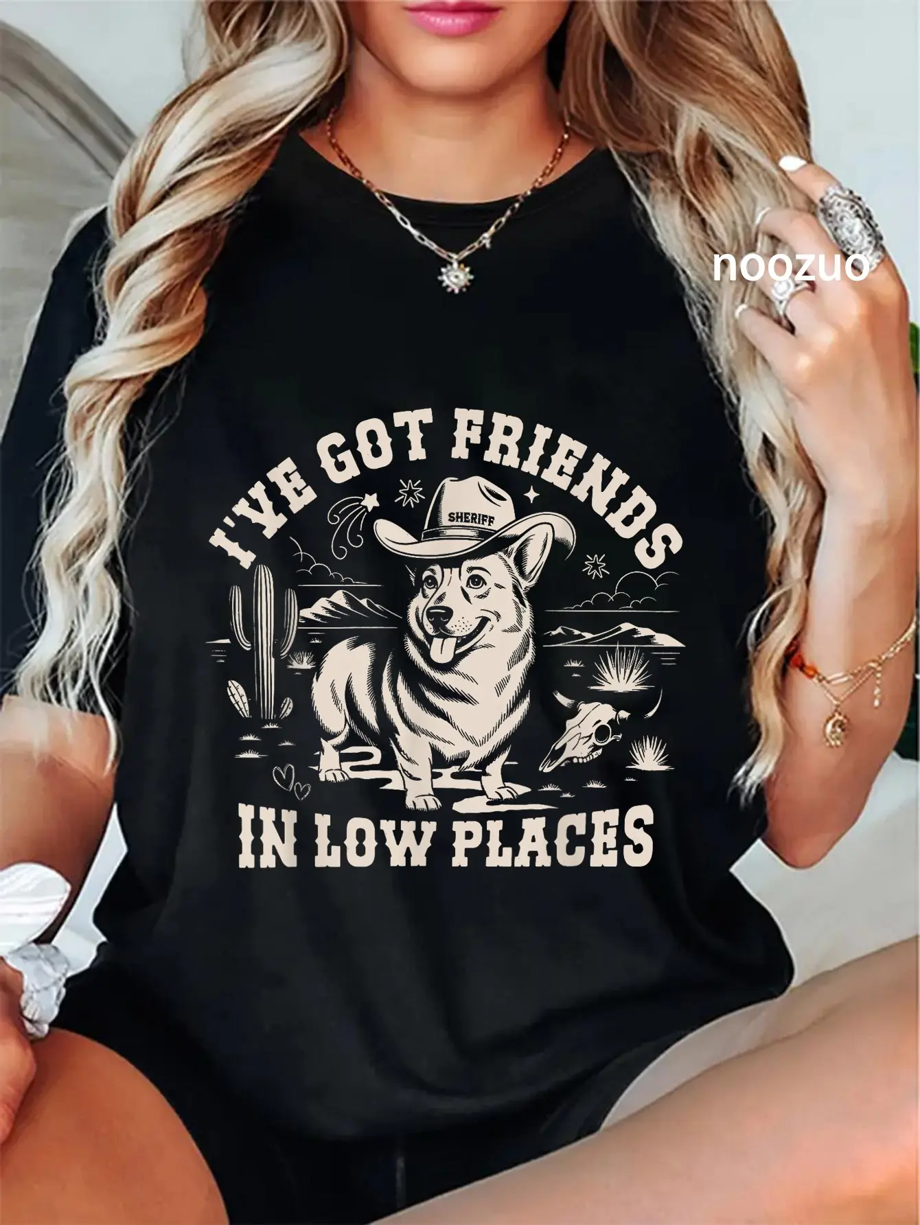 Women's 100% Cotton Short-Sleeve Casual Everyday Graphic T-Shirt, Vintage Western Cowboy Corgi Print, Funny "I've Got Friends" Saying for Ladies, Shortsleeve, Lady, Round Neck, Streetwear, Top