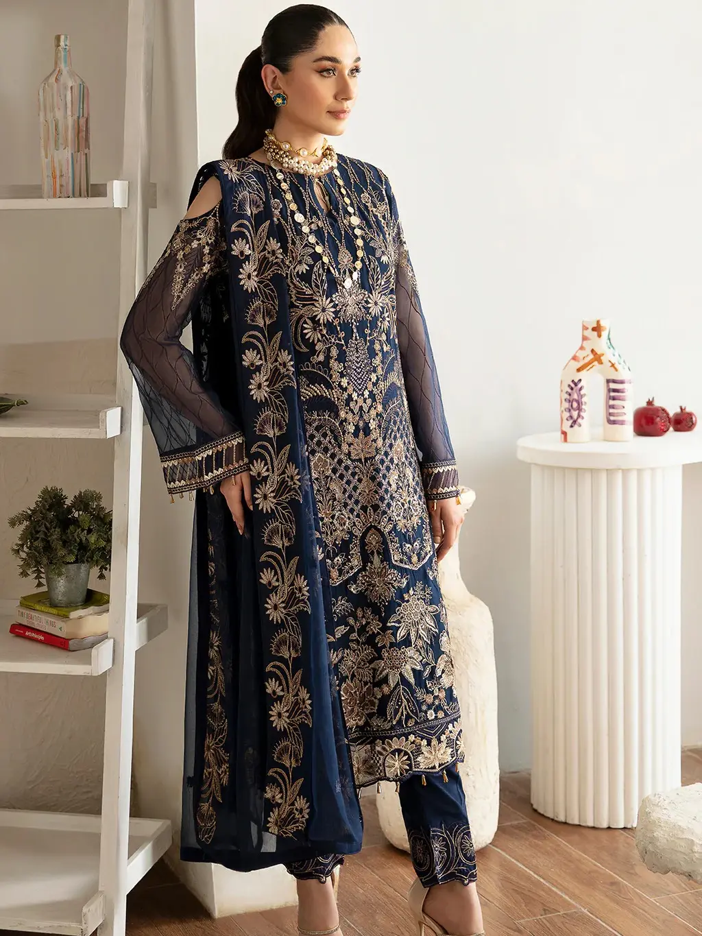 Sky Cashmere US Women's Modest 3-Piece Suit Set, Elegant High Neck Luxury Chiffon Formal Wear with Sparkly Sequined Embroidery and Silk Trousers, Elegance, Button, 2.5 Yards