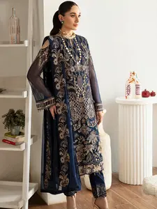 Luxury Chiffon 3Pc Suit Set Navy Blue D-1111 Comfortable Lace Dress Silk