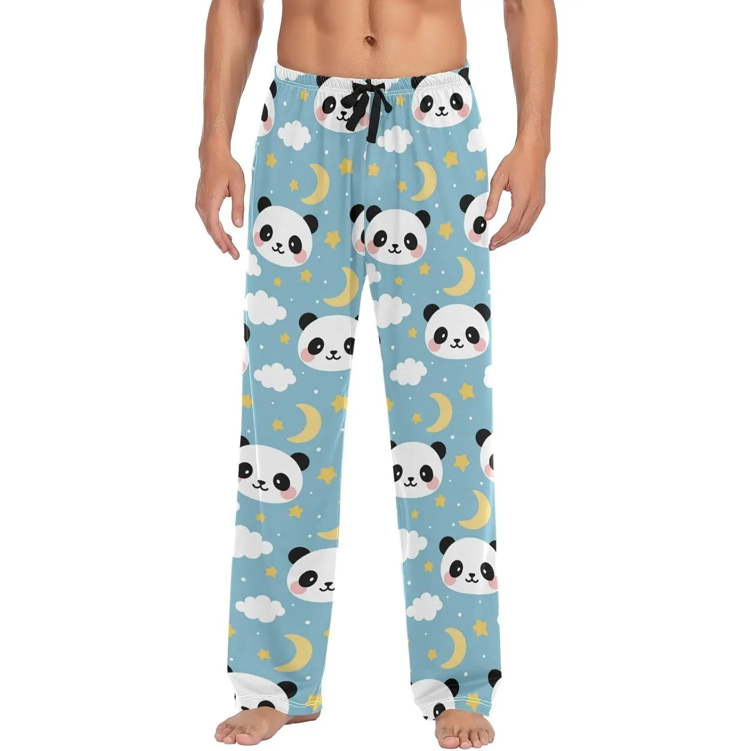 Happy Cute Panda in Blue Sky Mens Pajama Pants Panda Bear Portraits Mascots Lounge Bottoms Soft Sleep Pants XXL
