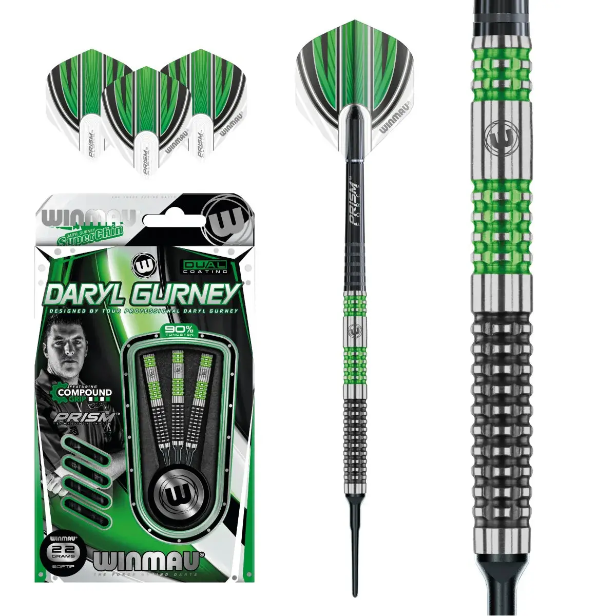 90% Tungsten Soft Tip Darts with Professional Daryl Gurney Design, Slim Profile, Advanced Compound Grip, and Freeflo Point System for Better Scoring