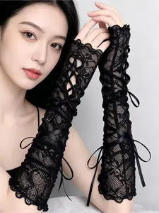 1 pair Y2K lace-trimmed necktie sleeves with plain, fingerless cuffs with tie straps, long sleeves. Suitable for festivals, parties, and other special occasions; women’s cuff sleeves
