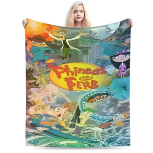 A Phineas and Ferb design, stylish and beautiful high-quality flannel blanket, soft and comfortable, warm decoration for the living room, office, sofa, travel, all year round, digital printed polyester knitted fabric, 250-300g, stylish home decor ac