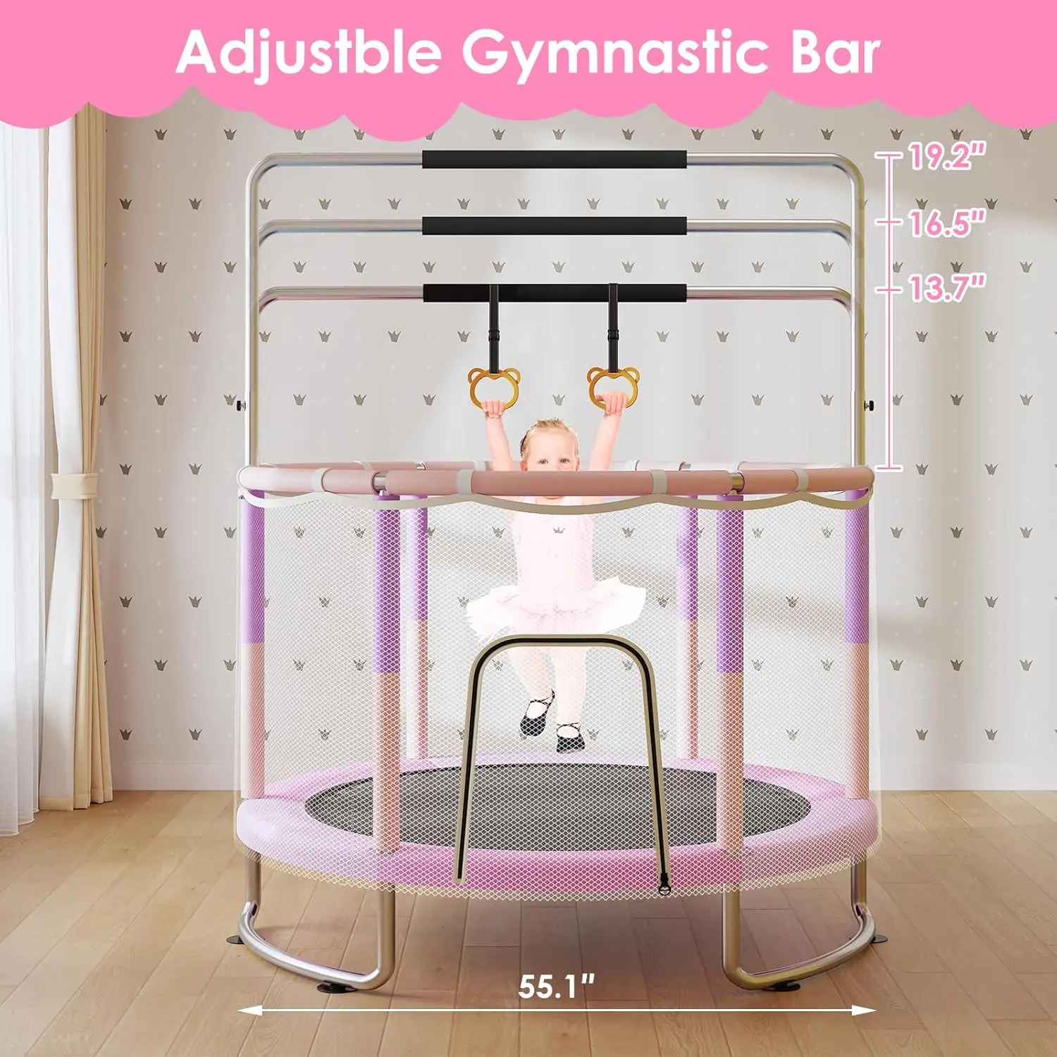 Kids' Trampoline with Net - Upgrade Full Anti-Rust 440lbs Capacity, Adjustable Gymnastics Bar, Toys, Ring Legs, Sandbags, Foam Protection - Built for Safety Sports Toy Keeps Kids Active, Gift for Ages 1-8 Boys & Girls