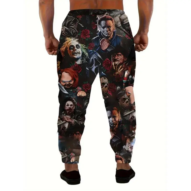 Men's Casual Loose Joggers with 3D Evil Characters Creative Print, Polyester Non-Transparent Fabric for Daily Wear, Home Lounging, Casual Errands