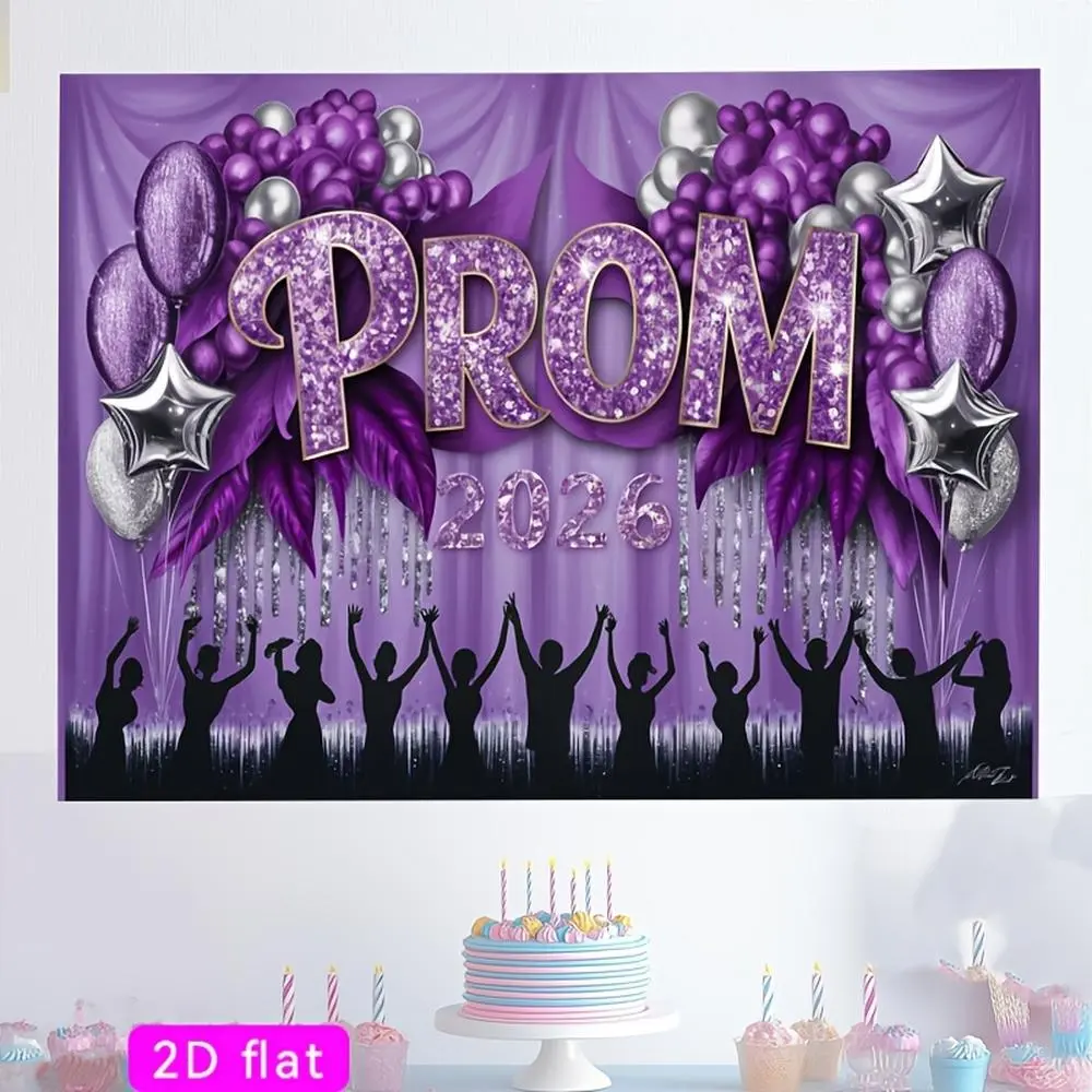 1pc Glamorous Sparkly Embellished Throw Blanket - Purple 2D Flat Backdrop with Glitter 'PROM 2026' Text, Balloons, Stars, Feather Accents, No Electricity, Wedding Decor, Ideal Gift