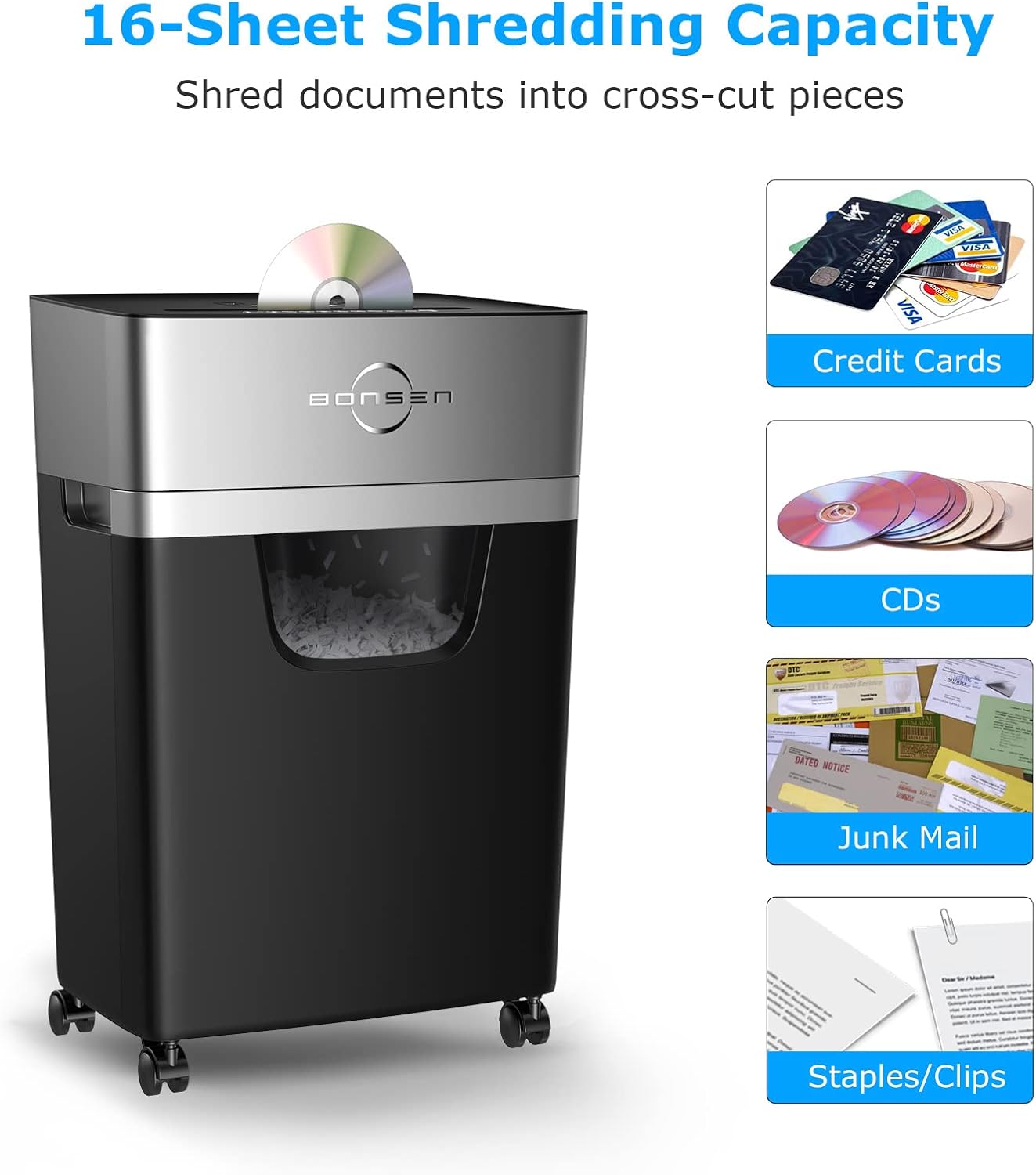 BONSEN 16-Sheet Heavy Duty Paper Shredder for Office, 60-Minute Running Time Cross-Cut CD Shredder with 60dB Low-Noise, 5.3-Gallon Pull Out Bin, Anti-Jam & Quiet Shredder for Home Office (S3102) Fathersdaygift Mechanical