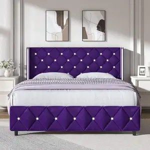 Upholstered Bed Frame With Diamond Tufted Wingback Headboard – Modern Velvet Bed Frame, No Box Spring Needed With Wood Slat Support, Easy Assembly, Twin Bed Frame/  Full Bed Frame/ King Bed Frame, Black/ Pink/ White/ Purple/ Blue/ Green
