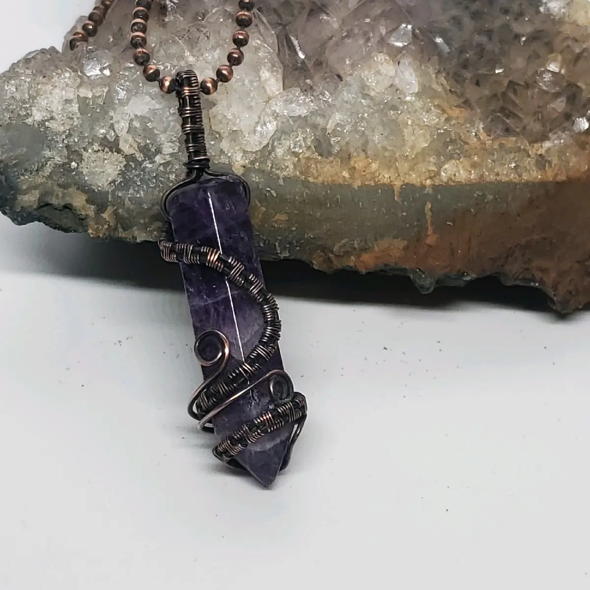 Wire Woven Amethyst Crystal Point Necklace in copper