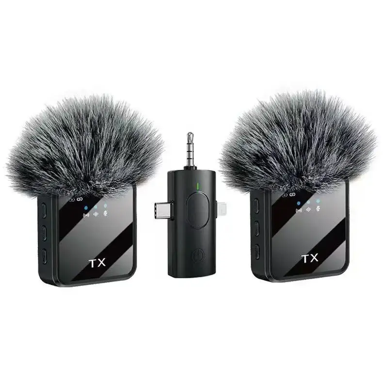 Black 3-in-1 Wireless Cordless Lavalier Microphones (2-Pack) - Lightweight Portable Audio Device with 60dB Signal-to-Noise Ratio, Noise Reduction for Vlog Recording