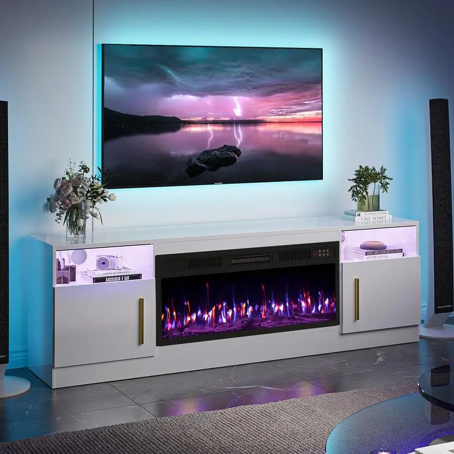 Fireplace TV Stand With 36" Electric Fireplace | Storage Cabinet For TVs Up To 80" | High Gloss Wood Finish | Multi-Functional Living Room Furniture For Home Decoration And Entertainment Storage