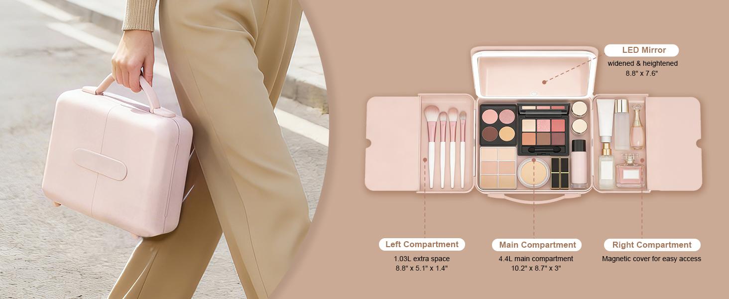 All-in-One Makeup Bag with Magnetic LED Mirror, Portable Travel Makeup Bag, 3 Color Lighting Modes, Rechargeable Makeup Artist Organizer, Moving Vanity Case Cosmetic Organizer for Women & Girls, Adjustable Brightness,  Large Capacity Gift for Her