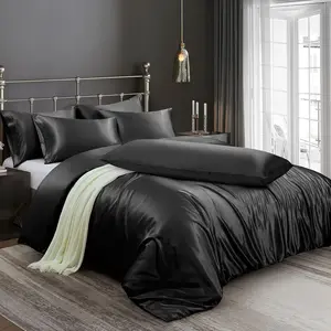 6 count Satin Duvet Cover Full/ Size Luxury Silky Bedding Duvet Cover Set with 1 Soft Duvet Cover, 4  Pillowcases and 1  Pillowcase, Black