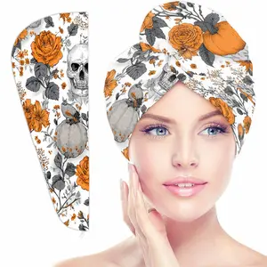 Halloween Floral Pumpkin Skull Print Hair Towel Head Wrap Hat, Modern Bathroom Accessory, Beauty Essential, Gym & Spa Use, Women's Towels