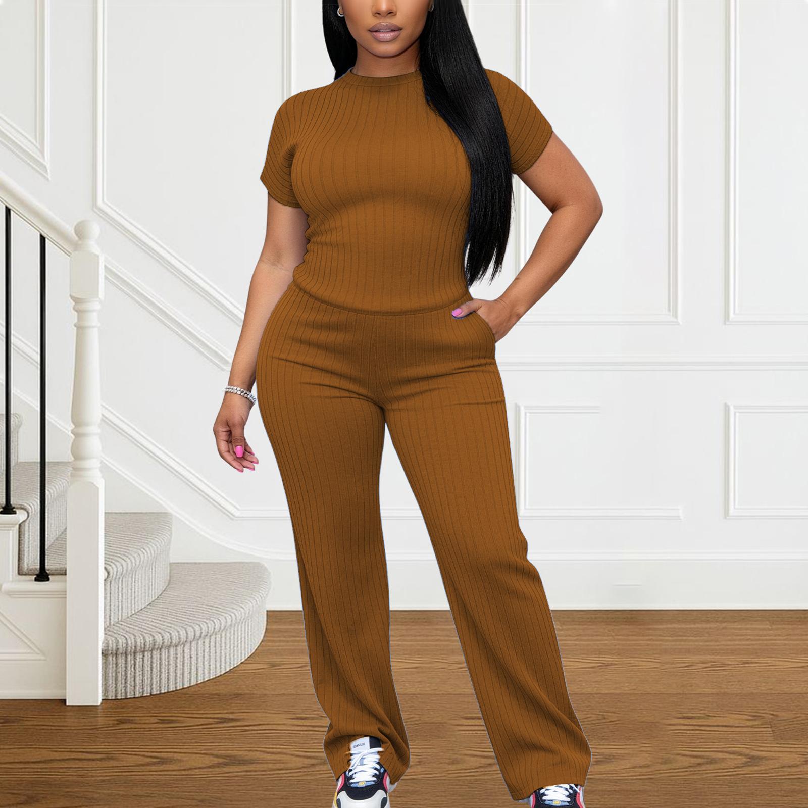 Women's All-Season Ribbed Knit Set - Thin Lightweight Fabric, Crew Neck Short Sleeve Tee & Wide Leg Pants with Pockets, Comfy for Loungewear, WFH & Weekend Casual Women's All-Season Ribbed Knit Set - Thin Lightweight Fabric, Crew Neck Short Sleeve Tee & Wide Leg Pants with Pockets, Comfy for Loungewear, WFH & Weekend Casual