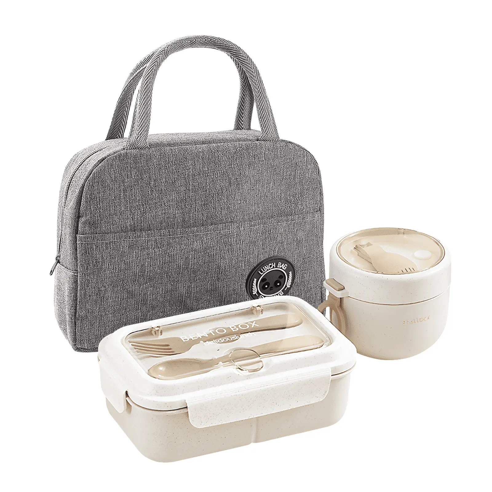 PP Microwavable Bento Lunch Box Set with Modern Tableware, Handle, 600ml-1200ml Capacity, Meal Prep Carry Bag, Cup, Fork & Spoon for On-the-Go Meals