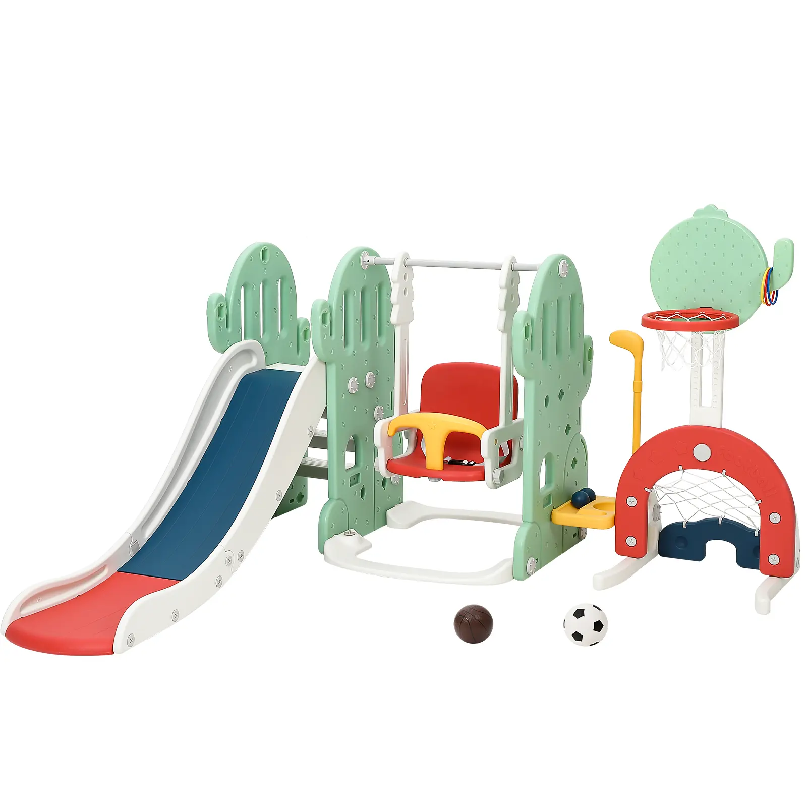 7-in-1 Durable HDPE Plastic Toddler Playground Equipment – Freestanding Indoor-Outdoor Set with Extra-Long Slide, Adjustable Swing, Basketball Hoop, Climber, Ring Toss, Soccer, Golf for Kids Ages 1-8