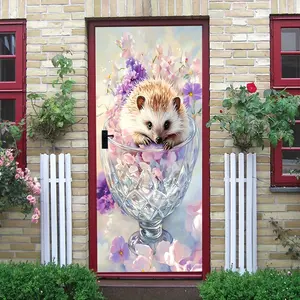 2pcs Cute Hedgehog in Glass Cup Flower Wall Stickers Self Adhesive Removable Cartoon Animal Decals for Kids Room Bedroom Living Room Nursery Kindergarten Wall Decor Home Decoration Art Decorations