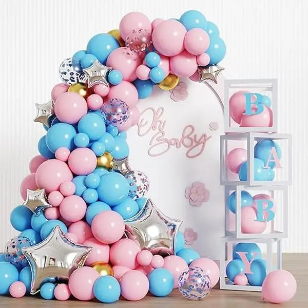 150pcs Baby Boxes Blue and Pink Balloons Arch, Garland Gender Reveal Decorations Kit, 4pcs Baby Boxes with Letters for Baby Shower Birthday Boy or Girl Baby Party Supplies