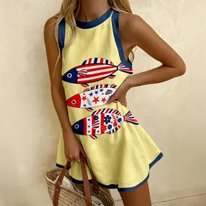 Independence Day Limited Edition | Casual Ocean-Style Print Sleeveless Dress, Mini Dress with Fish Print Design, Perfect for Beach Vacations