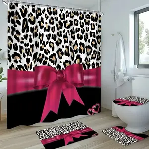 1/4 pc leopard print and red bow design, exquisite shower curtain set, non-slip mat, U-shaped rug, toilet seat cover, perfect for bathroom décor, beautifies the space, includes 12 shower curtain hooks.